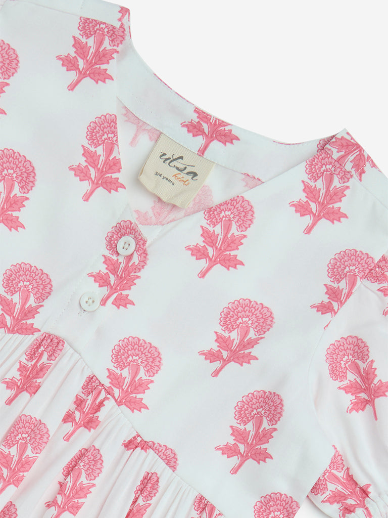 Westside Utsa Kids Girls' Pink Floral Design Peplum Cotton Dress - (2-8yrs) for Ethnic Wear Zoom View