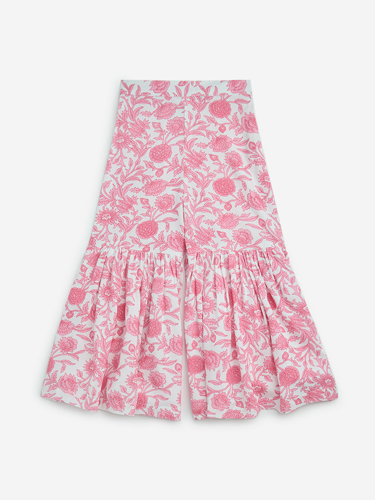Utsa Kids Pink Botanical Design Cotton Sharara - (2-8yrs)
