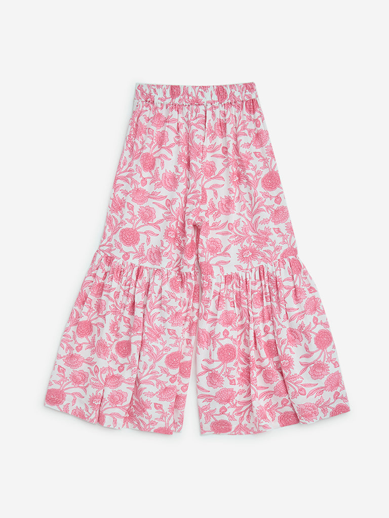 Utsa Kids Pink Botanical Design Cotton Sharara - (2-8yrs)