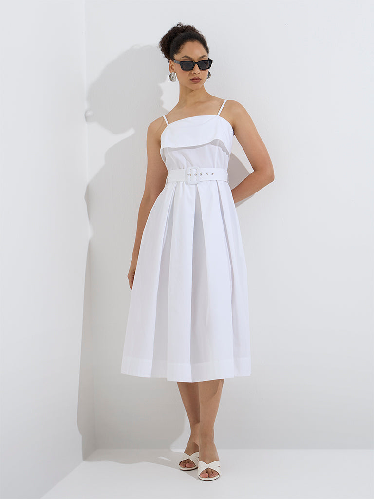 Wardrobe White Solid Cotton A-Line Dress with Belt
