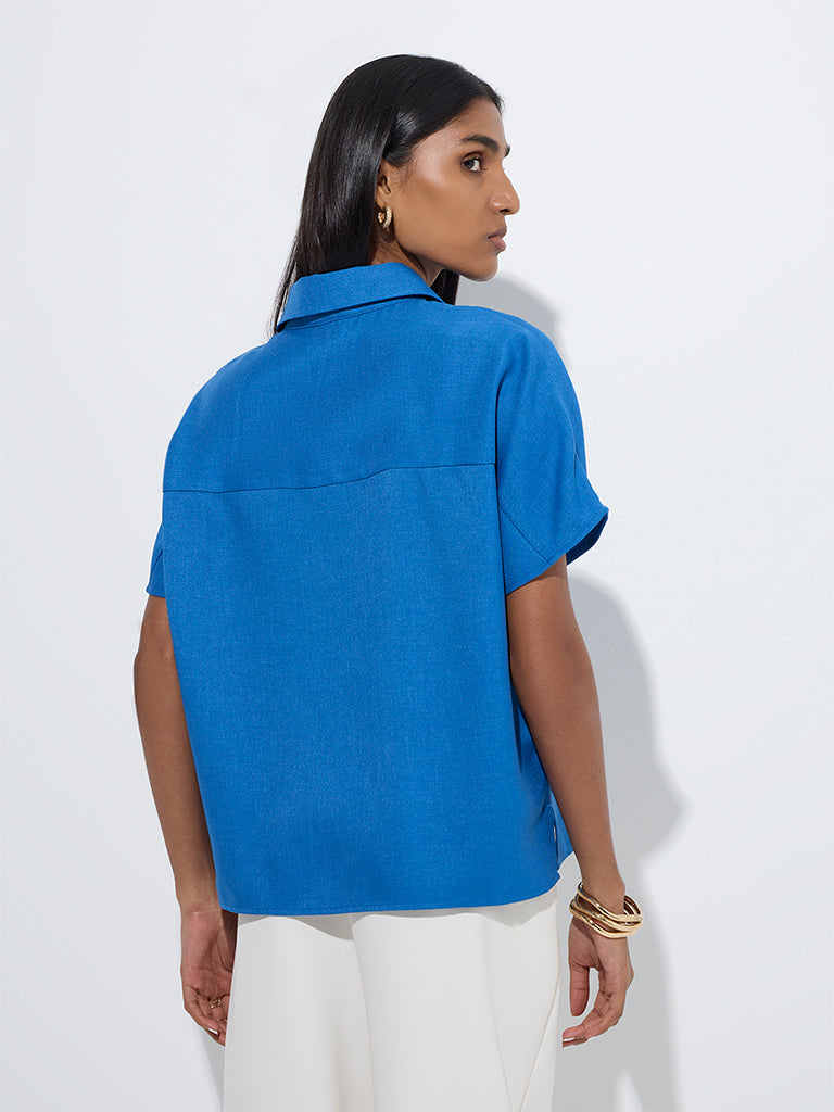 westisde Wardrobe Women's Indigo Solid Shirt for Work Wear Back View