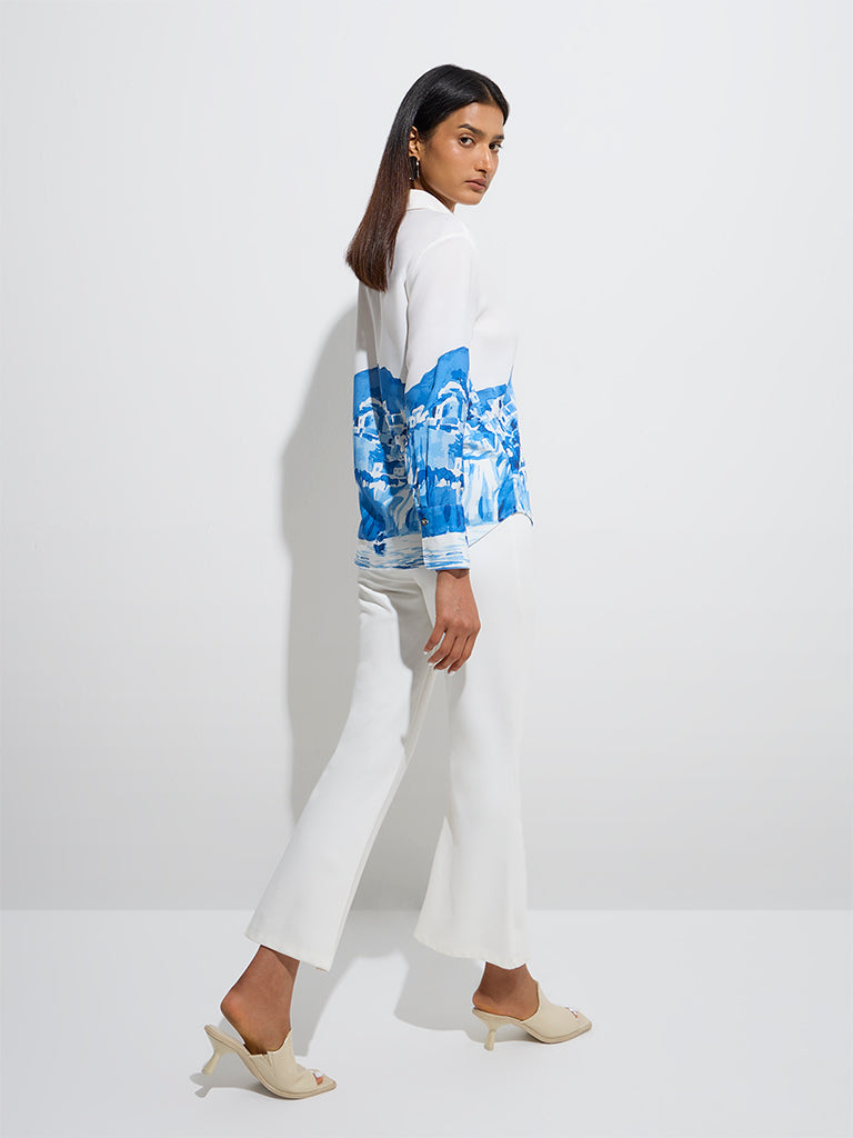 westisde Wardrobe Women's White Scenic-Inspired Shirt for Work Wear Back View