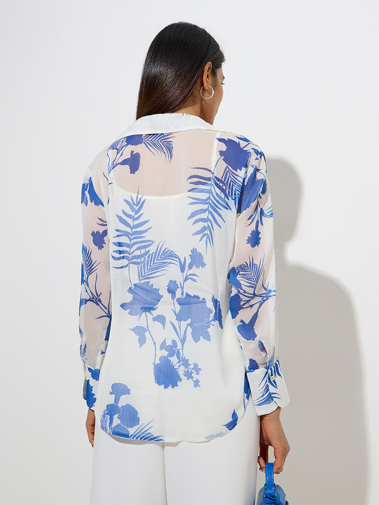 westisde Wardrobe Women's White Floral Pattern Shirt with Camisole for Work Wear Back View