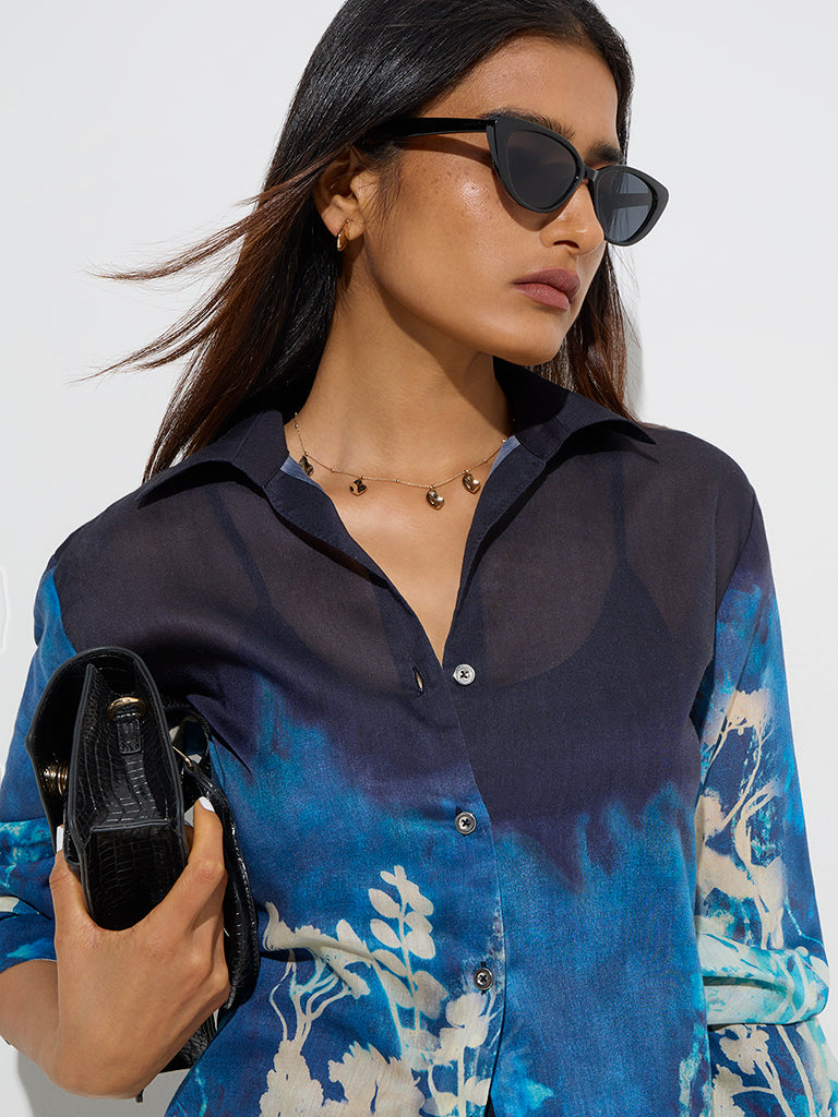 Wardrobe Blue Botanical Design Shirt with Camisole