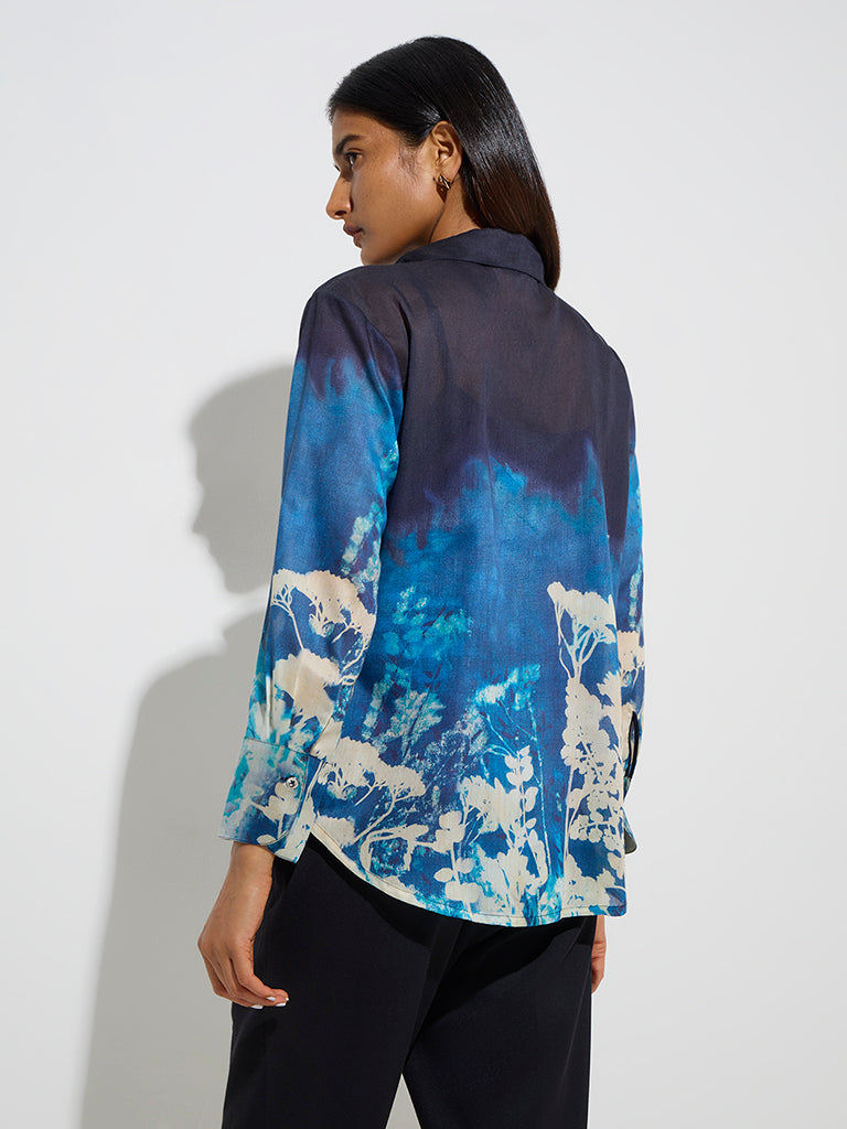 westisde Wardrobe Women's Blue Botanical Design Shirt with Camisole for Work Wear Back View