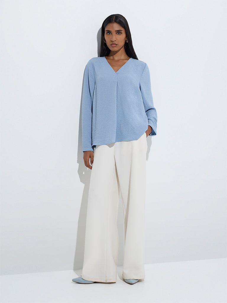 westisde Wardrobe Women's Blue Crinkle-Textured Blouse for Work Wear Full Model View