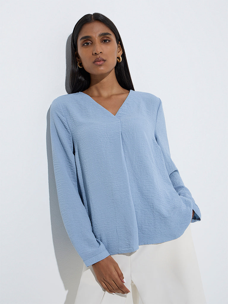 westisde Wardrobe Women's Blue Crinkle-Textured Blouse for Work Wear Front View
