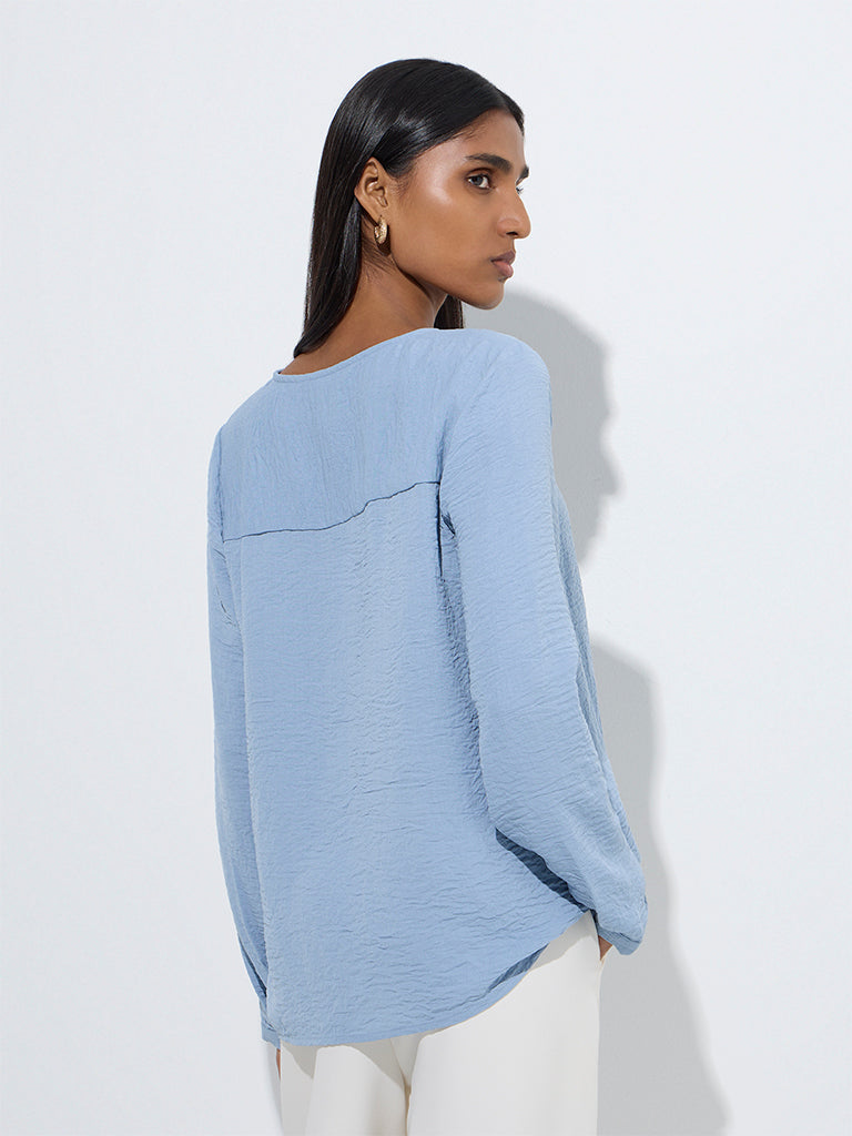 westisde Wardrobe Women's Blue Crinkle-Textured Blouse for Work Wear Back View