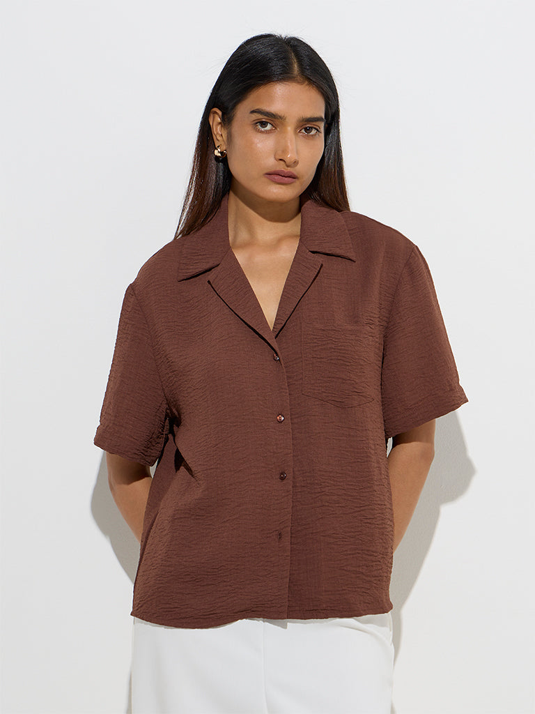 Wardrobe Brown Crinkle-Textured Shirt