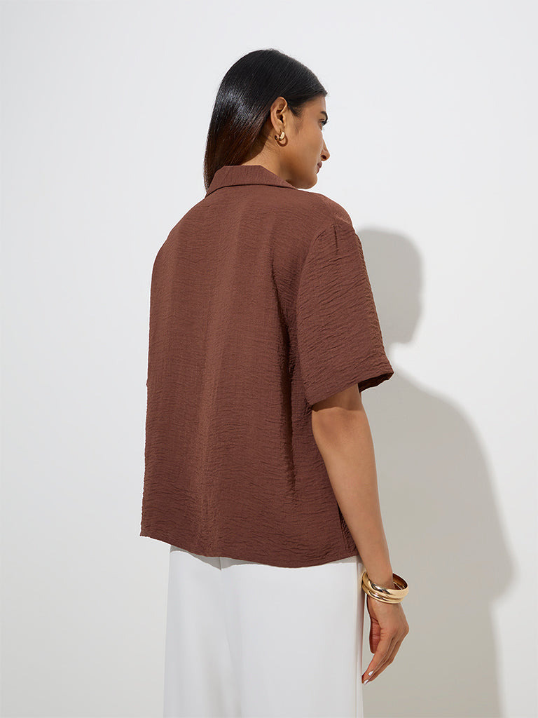 westisde Wardrobe Women's Brown Crinkle-Textured Shirt for Work Wear Back View