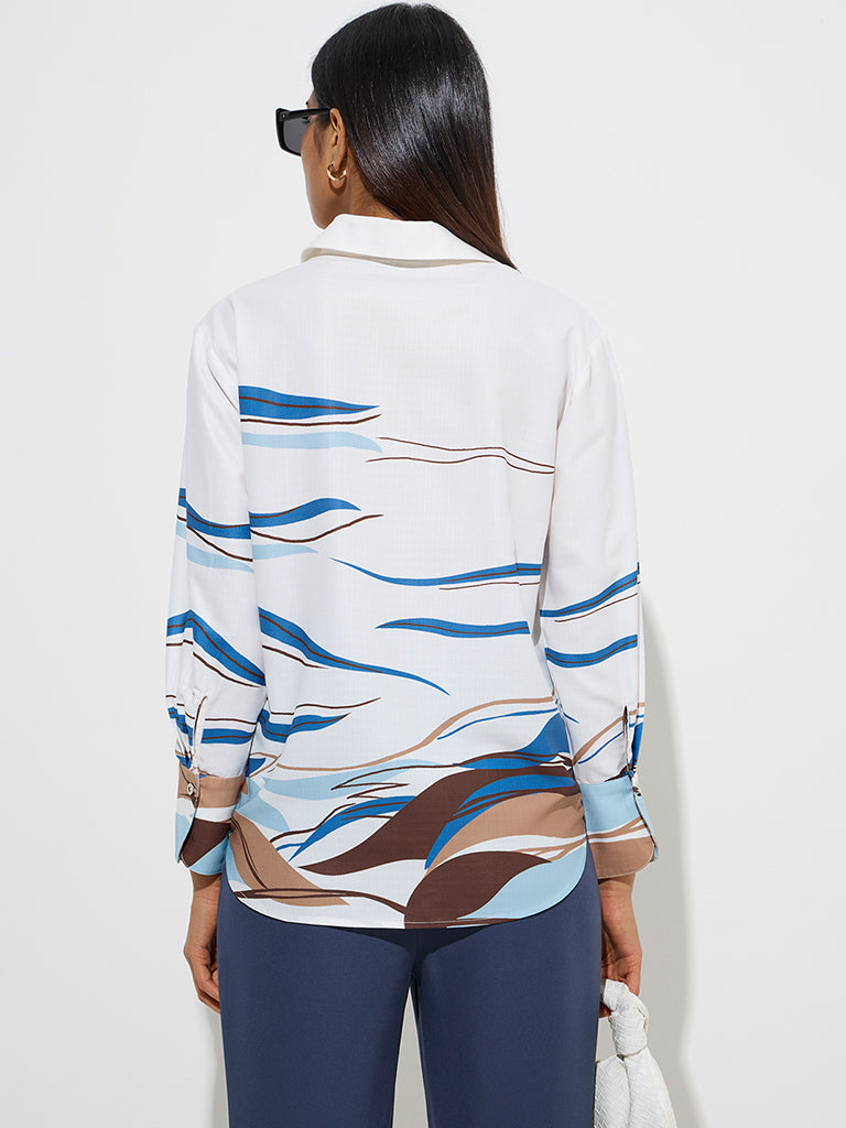 westisde Wardrobe Women's White Abstract Pattern Shirt for Work Wear Back View