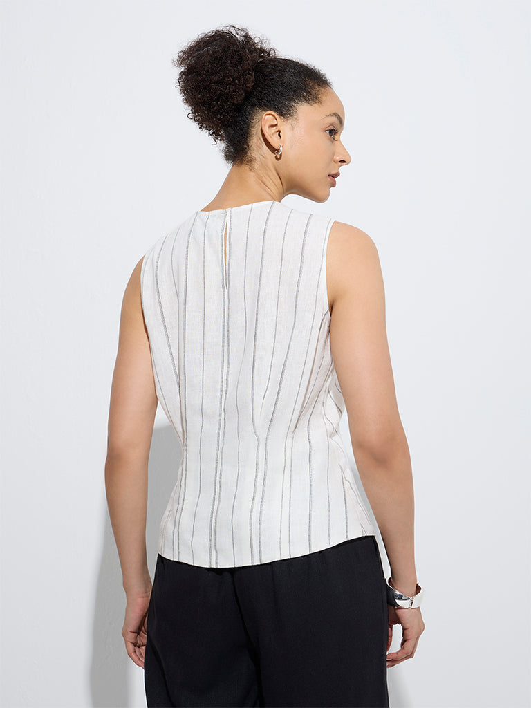westisde Wardrobe Women's Ivory Stripe Printed Top for Work Wear Back View