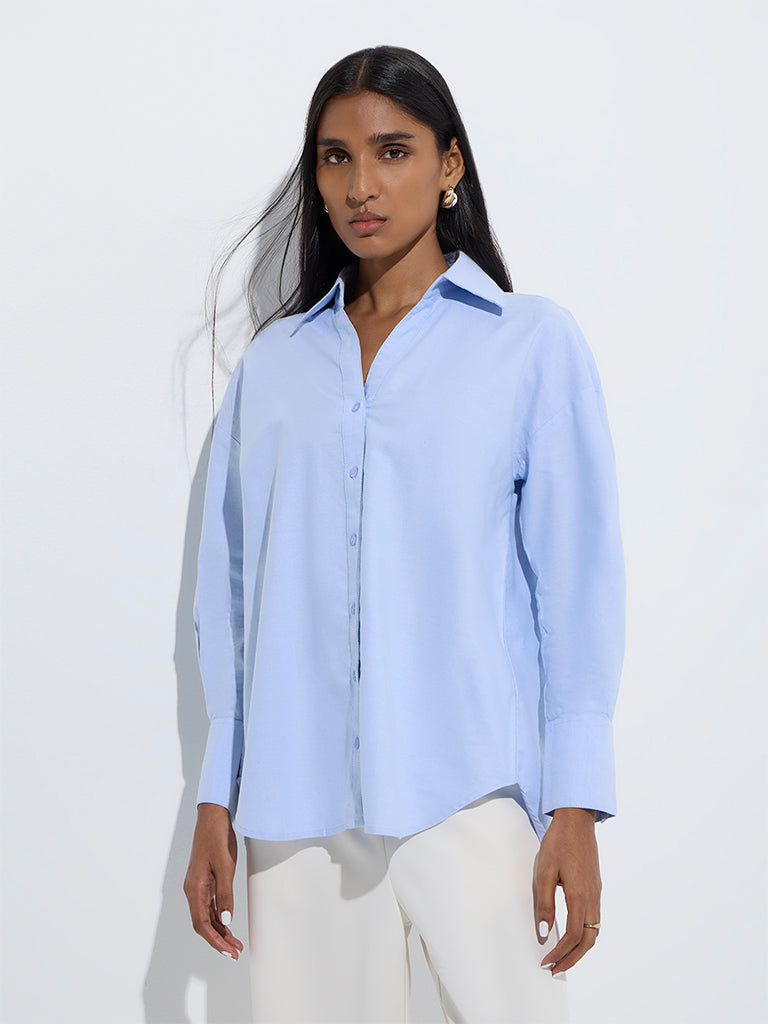 Wardrobe Light Blue Solid Cotton Shirt