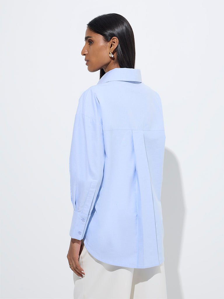 westisde Wardrobe Women's Light Blue Solid Cotton Shirt for Work Wear Back View