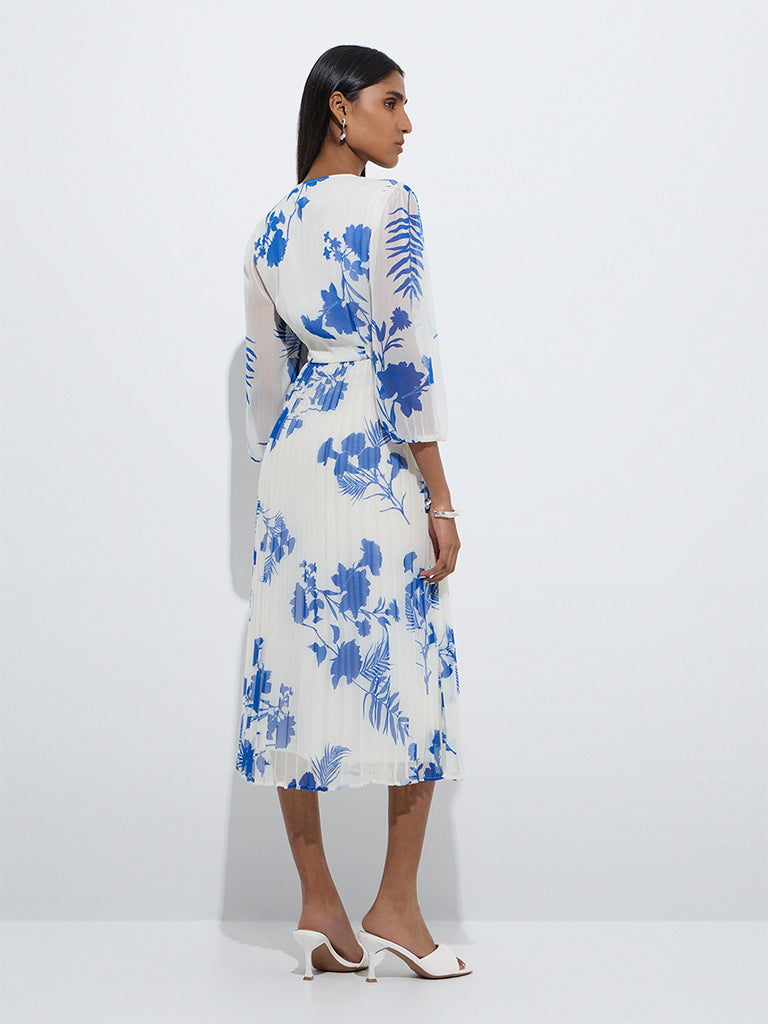 westisde Wardrobe Women's White Botanical Printed A-Line Dress for Work Wear Back View