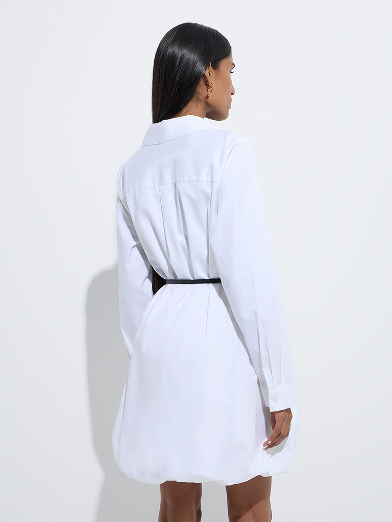 westisde Wardrobe Women's White Solid Cotton Shirt Dress with Belt for Work Wear Back View