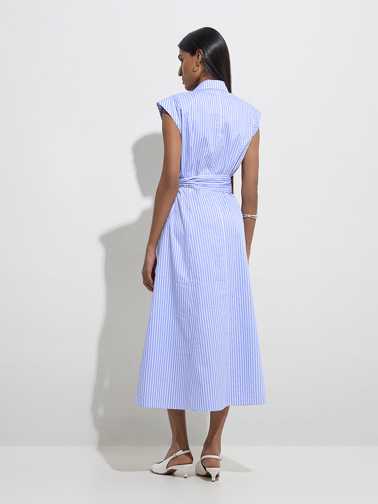 westisde Wardrobe Women's Blue Stripe Patterned Cotton Shirt Dress with Belt for Work Wear Back View