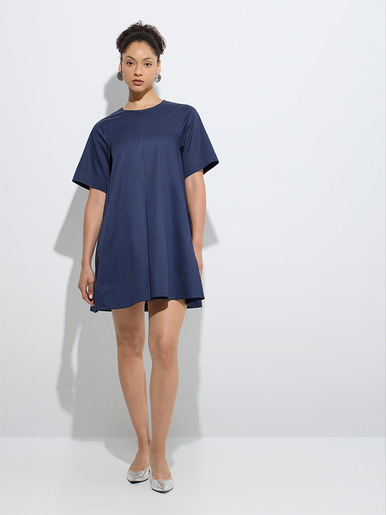 westisde Wardrobe Women's Navy Solid Cotton A-Line Dress for Work Wear Full Model View