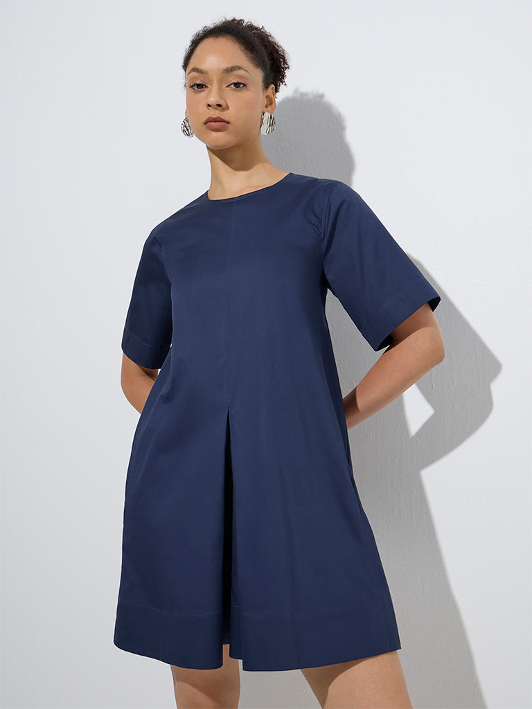 westisde Wardrobe Women's Navy Solid Cotton A-Line Dress for Work Wear Front View