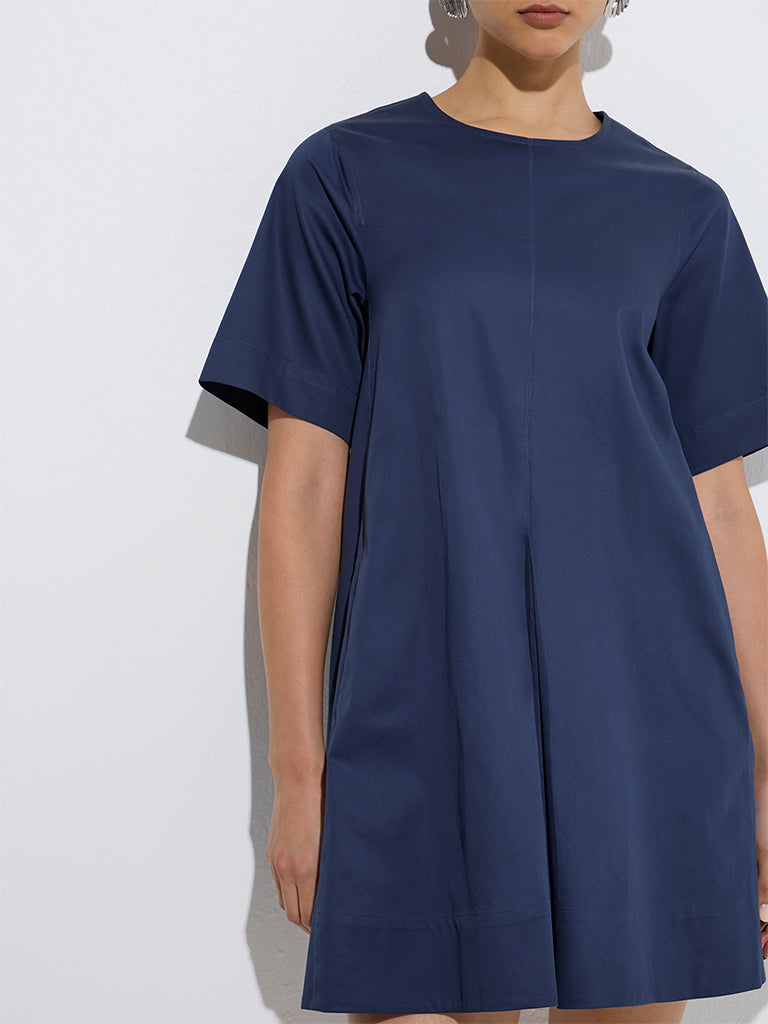 westisde Wardrobe Women's Navy Solid Cotton A-Line Dress for Work Wear Zoom View