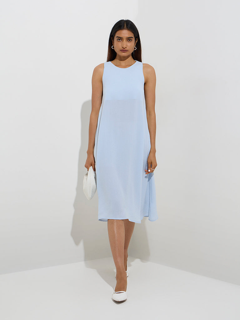 Wardrobe Light Blue Self-Textured A-Line Dress