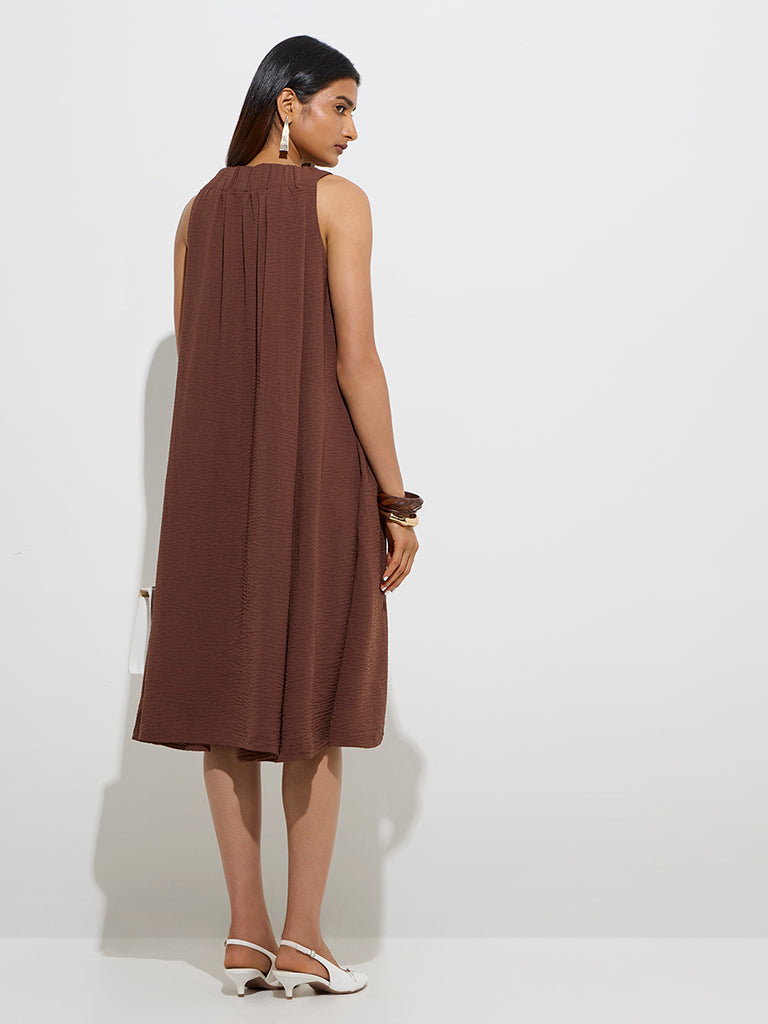 westisde Wardrobe Women's Brown Self-Textured A-Line Dress for Work Wear Back View