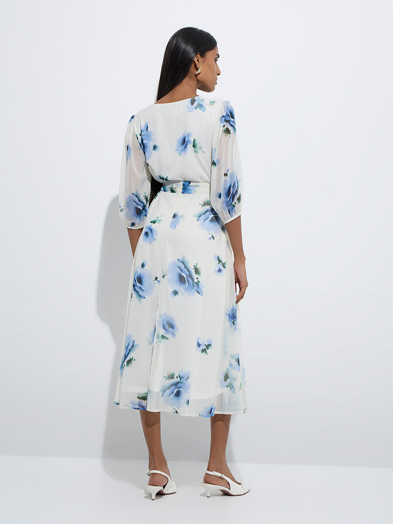 westisde Wardrobe Women's Ivory Floral Design A-Line Dress with Belt for Work Wear Back View