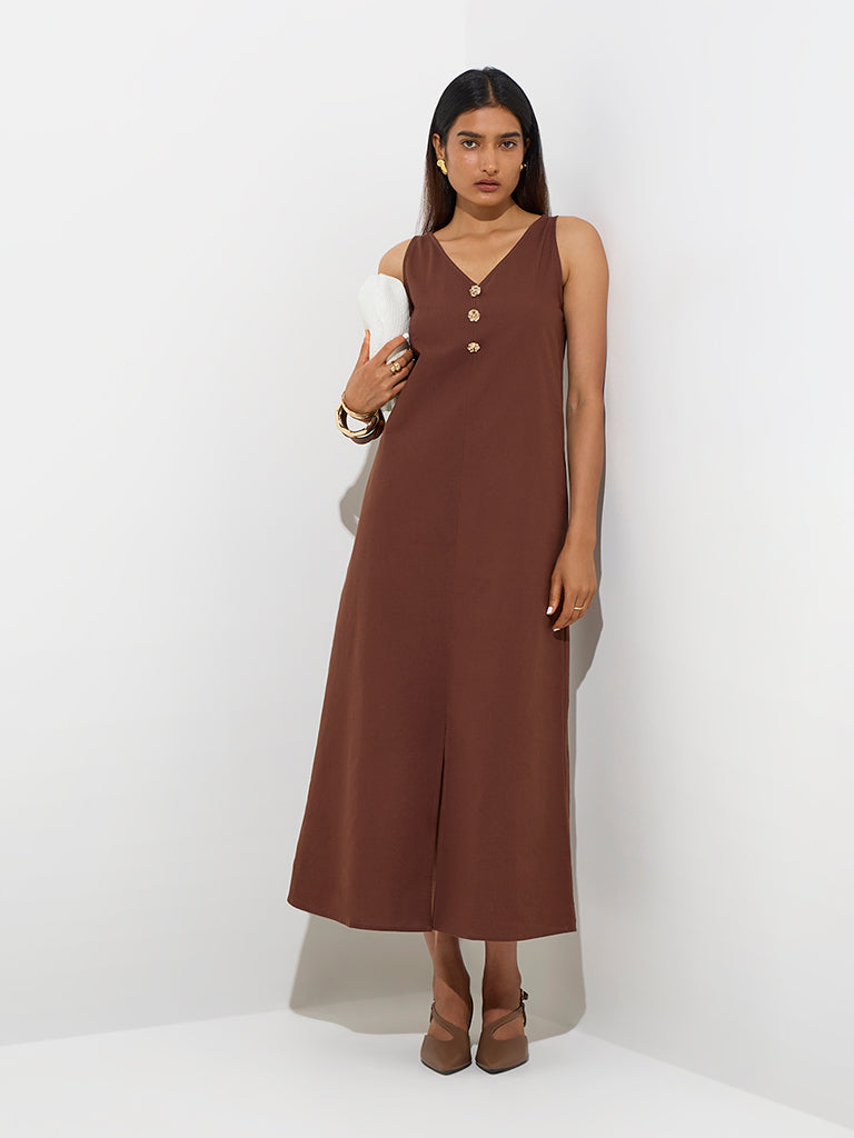 westisde Wardrobe Women's Brown Solid A-Line Dress for Work Wear Full Model View