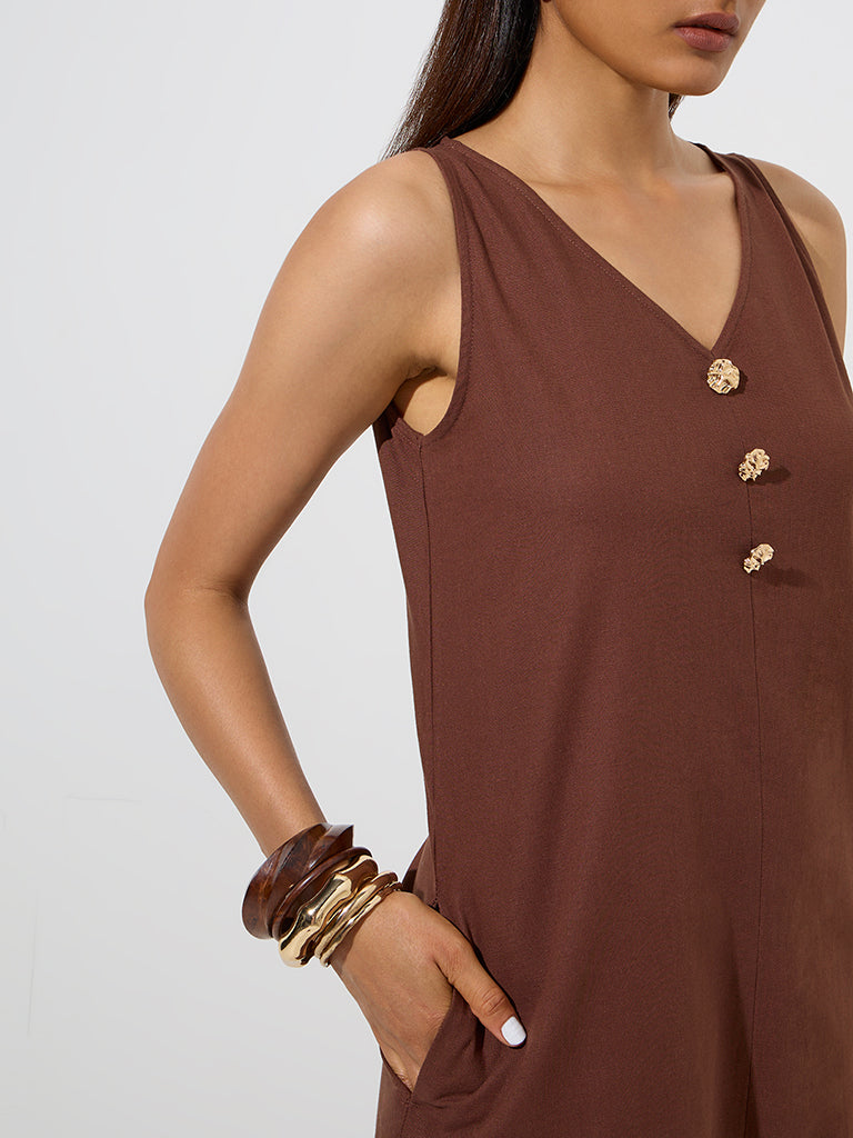 westisde Wardrobe Women's Brown Solid A-Line Dress for Work Wear Zoom View