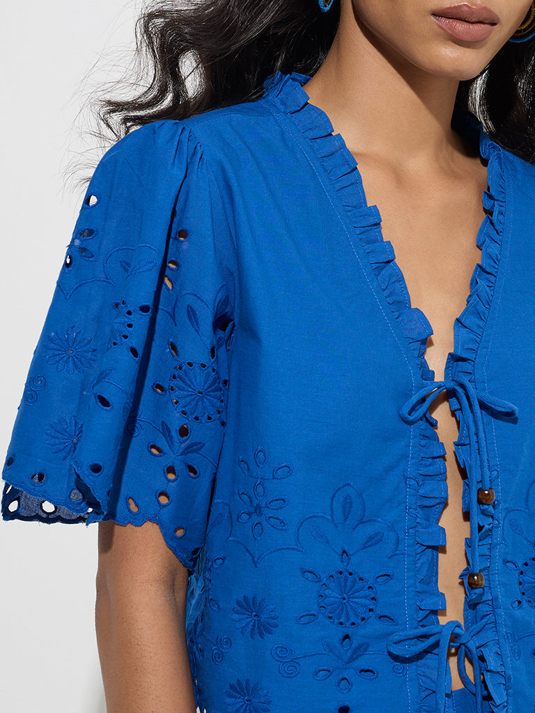 LOV Blue Schiffli Detailed Cotton Top