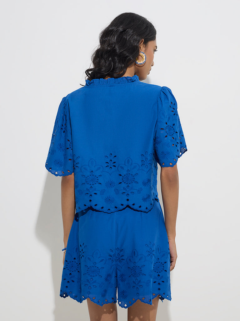 westisde LOV Women's Blue Schiffli Detailed Cotton Top for Casual Wear Back View