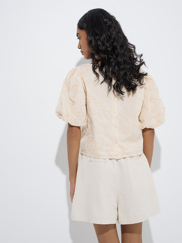 westisde LOV Women's Beige Embroidered Cotton Top for Casual Wear Back View