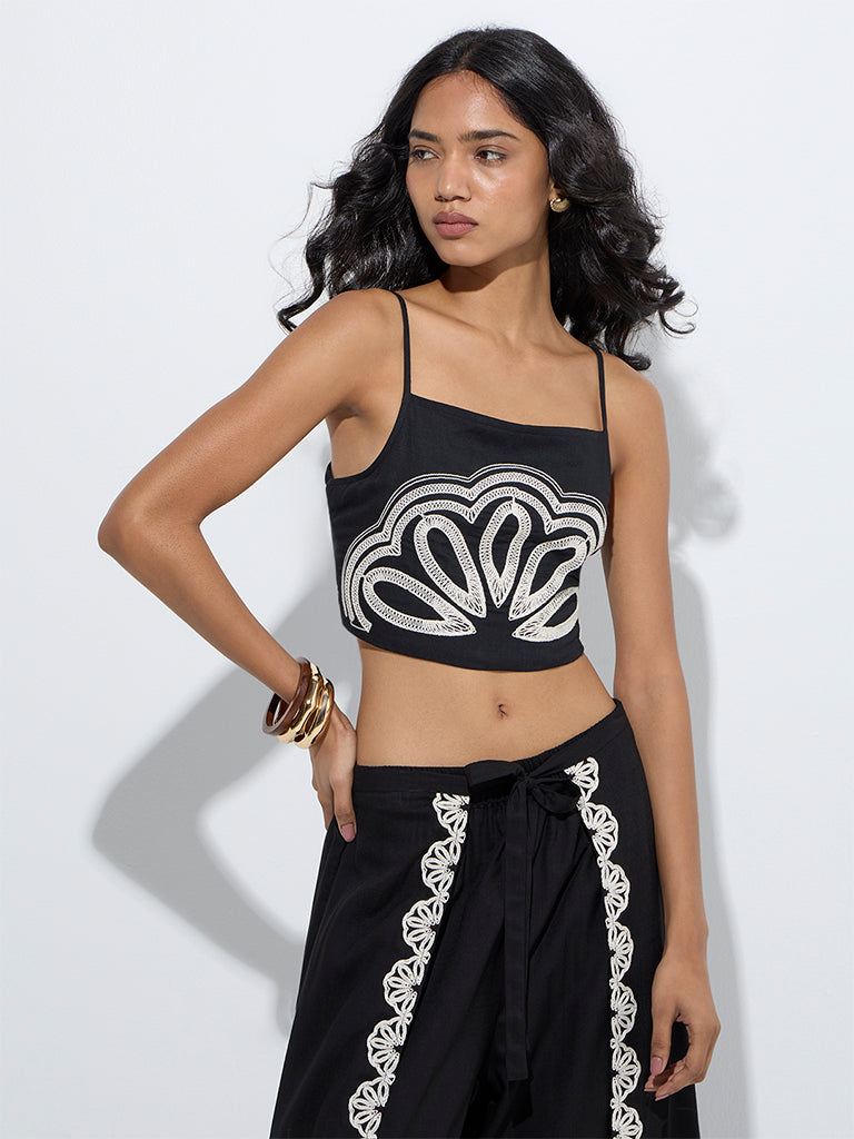 LOV Black Embroidered Crop Top