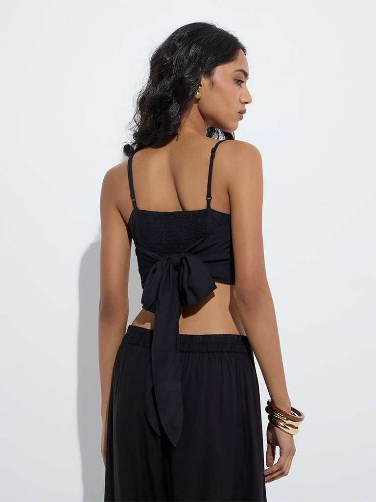 westisde LOV Women's Black Embroidered Crop Top for Casual Wear Back View