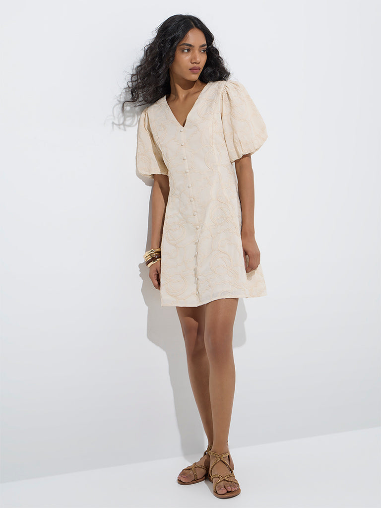 westisde LOV Women's Beige Embroidered A-Line Cotton Dress for Casual Wear Full Model View