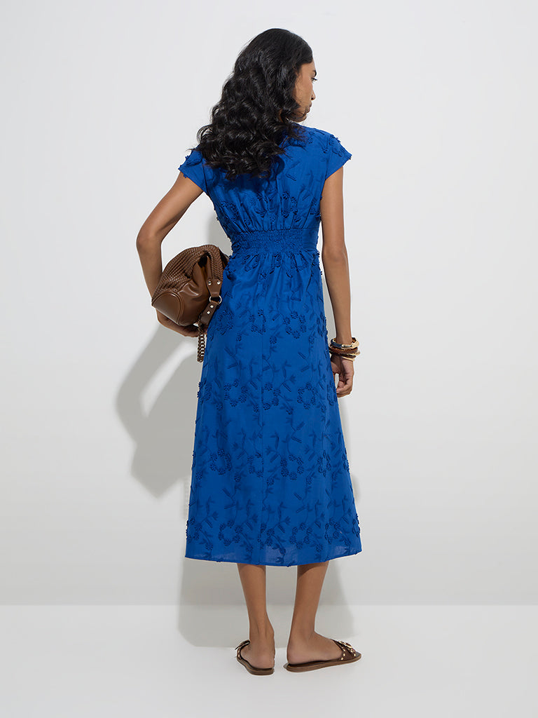 westisde LOV Women's Blue Floral Design Cotton A-Line Dress for Casual Wear Back View