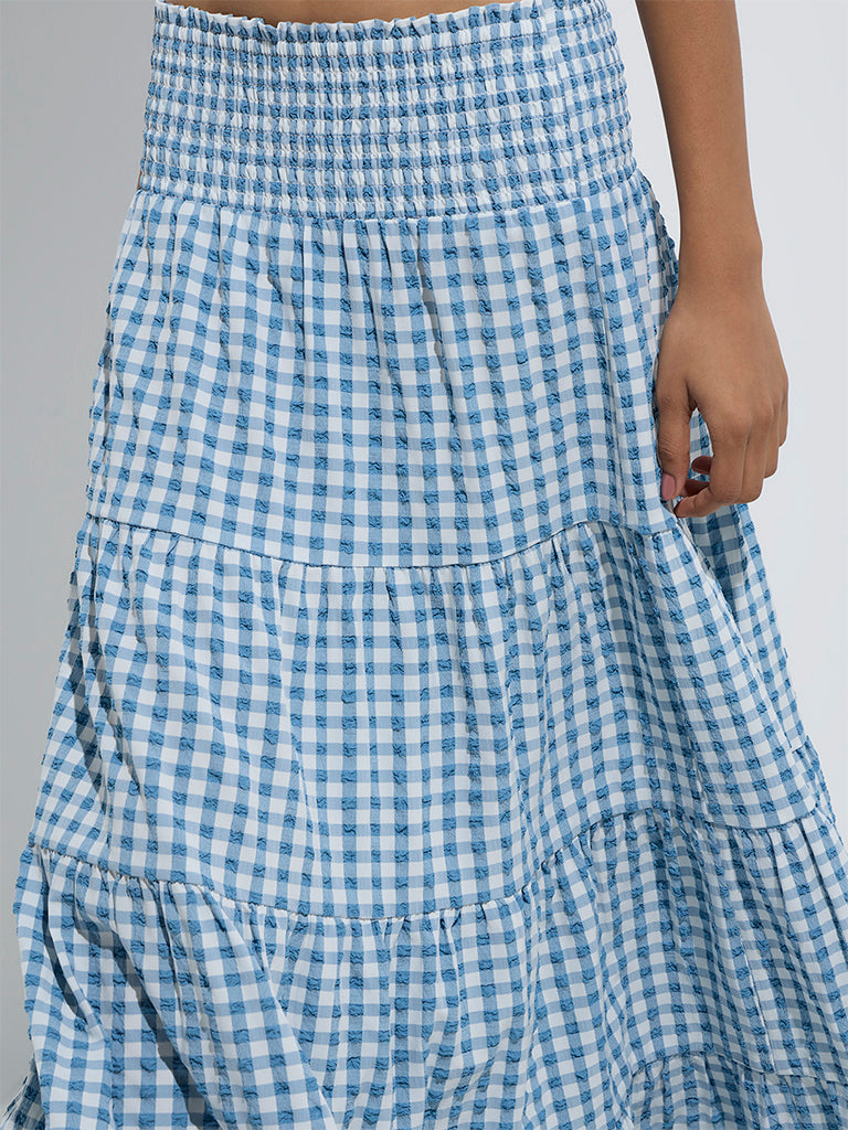 westisde LOV Women's Blue Gingham Checkered Cotton Tiered Skirt for Casual Wear Zoom View