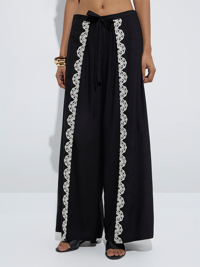 LOV Black Embroidered Mid-Rise Pants
