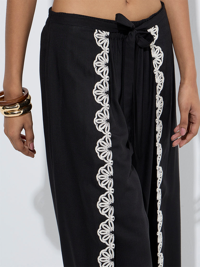 LOV Black Embroidered Mid-Rise Pants