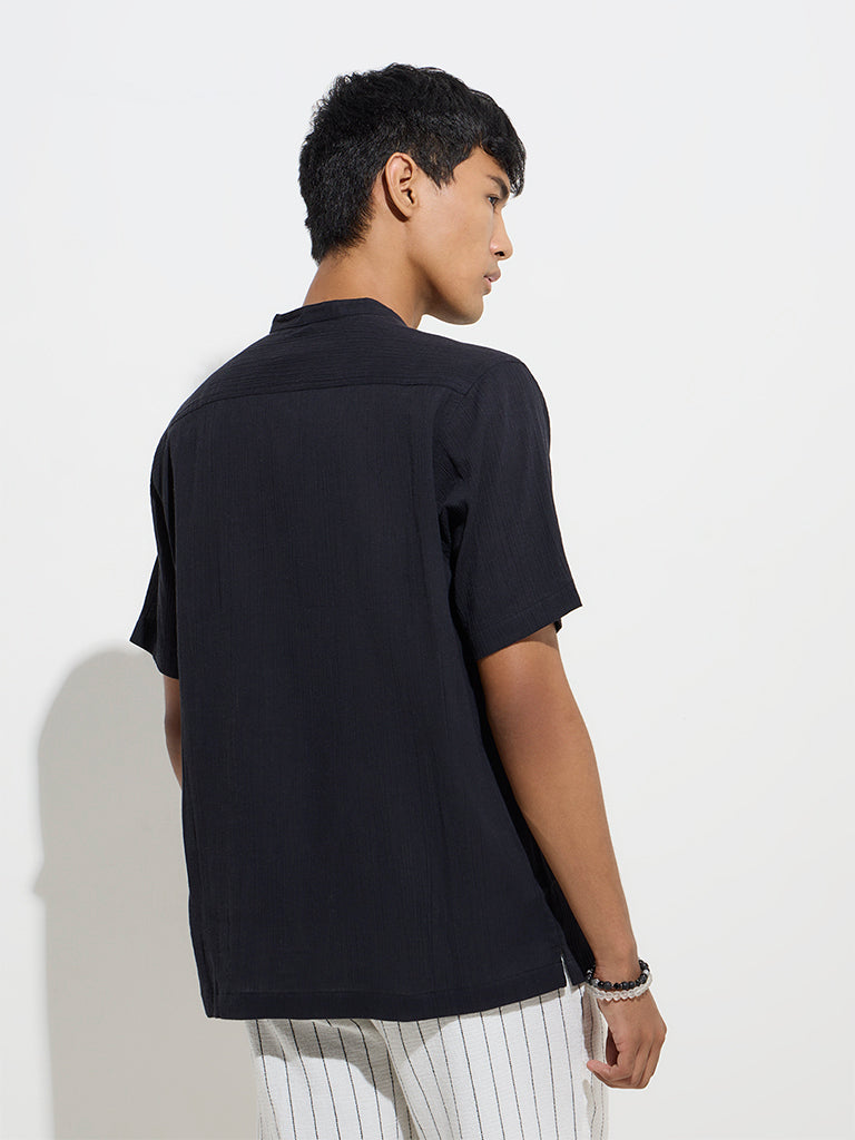 westisde ETA Men's Black Crinkle-Textured Relaxed-Fit Cotton Shirt for Casual Wear Back View