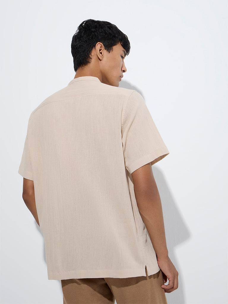 westisde ETA Men's Beige Crinkle-Textured Relaxed-Fit Cotton Shirt for Casual Wear Back View