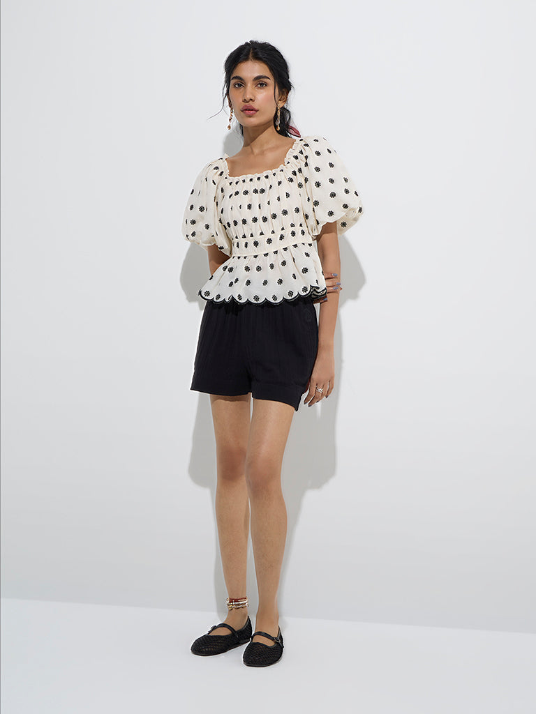 Bombay Paisley Off-White Floral Cotton Peplum Top