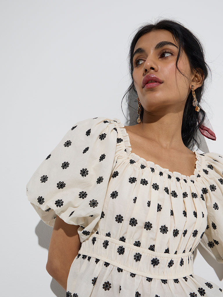 Bombay Paisley Off-White Floral Cotton Peplum Top