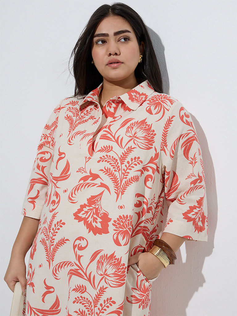 Gia Coral Floral Pattern Cotton-Blend Shirt Dress