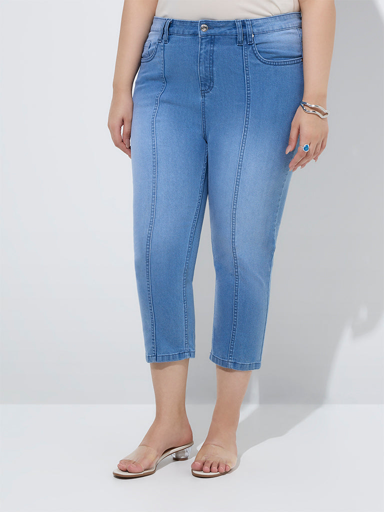 westisde Gia Women's Blue Faded Relaxed-Fit Mid-Rise Capri Jeans for Casual Wear Front View