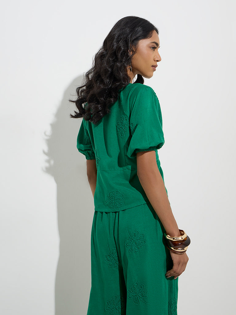 westisde LOV Women's Green Floral Embroidered Top for Casual Wear Back View