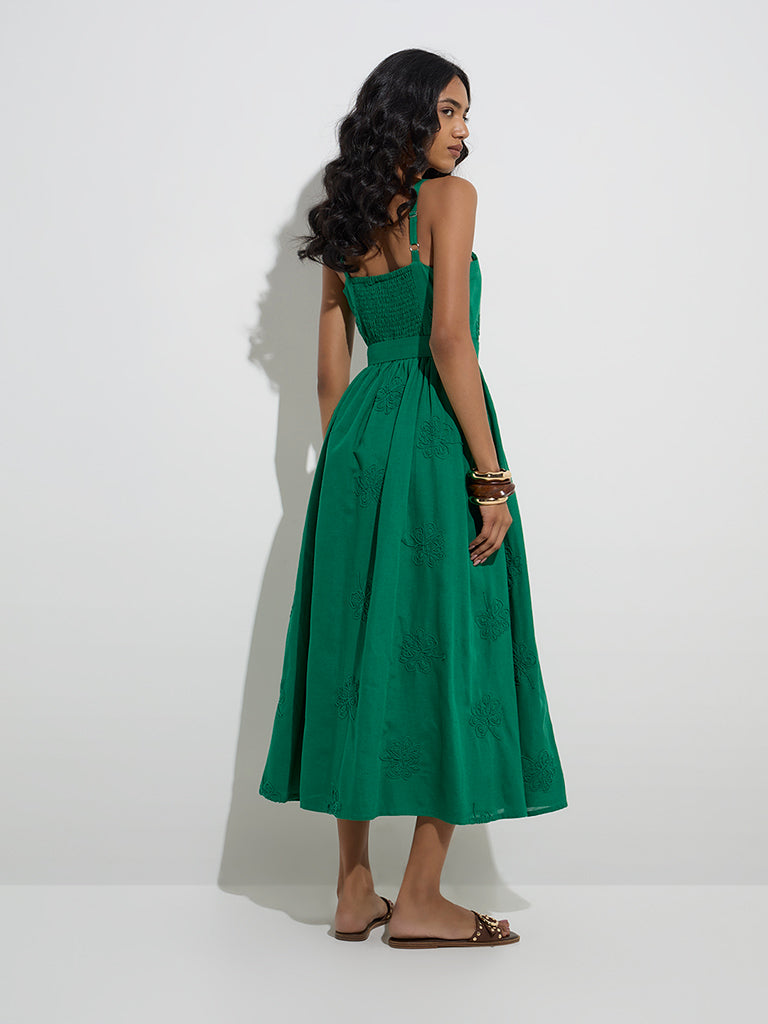 westisde LOV Women's Green Floral Embroidered A-Line Dress with Belt for Casual Wear Back View