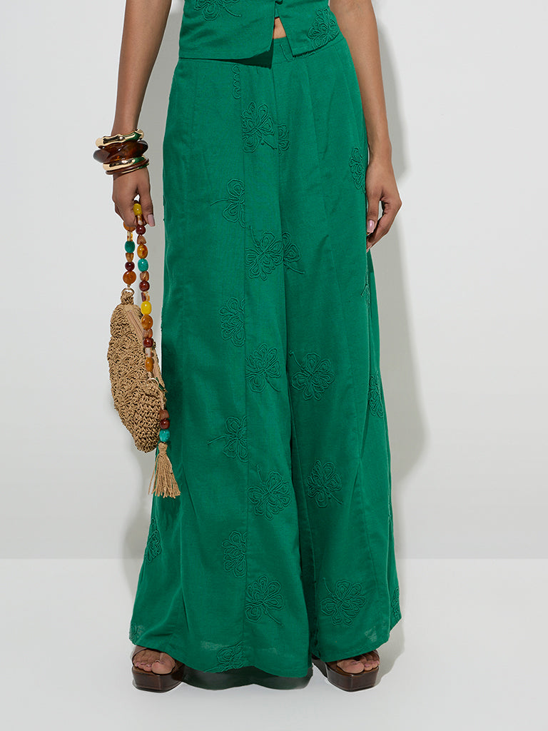LOV Green Floral Embroidered Pants