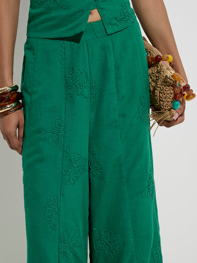 LOV Green Floral Embroidered Pants