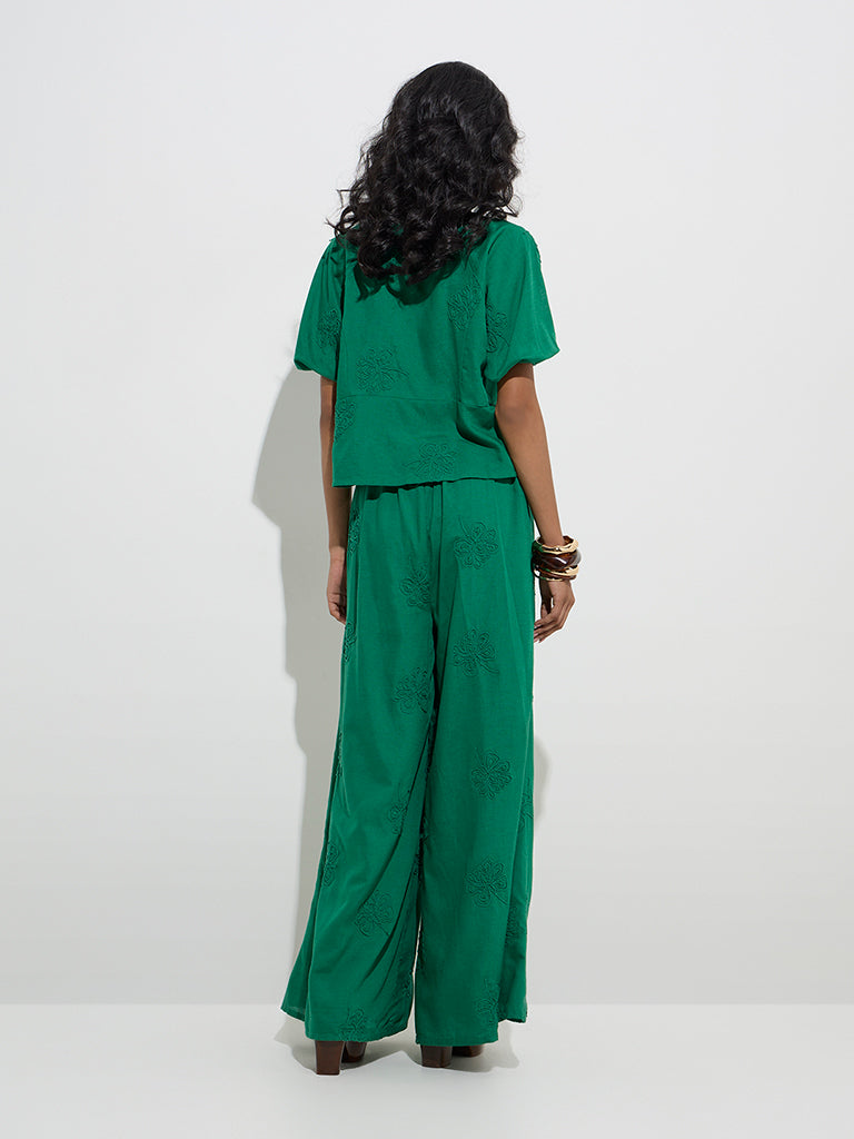 LOV Green Floral Embroidered Pants